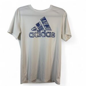 Adidas XL (18/20) White Blue Graphic Logo T-Shirt Three Stripe Life Tee